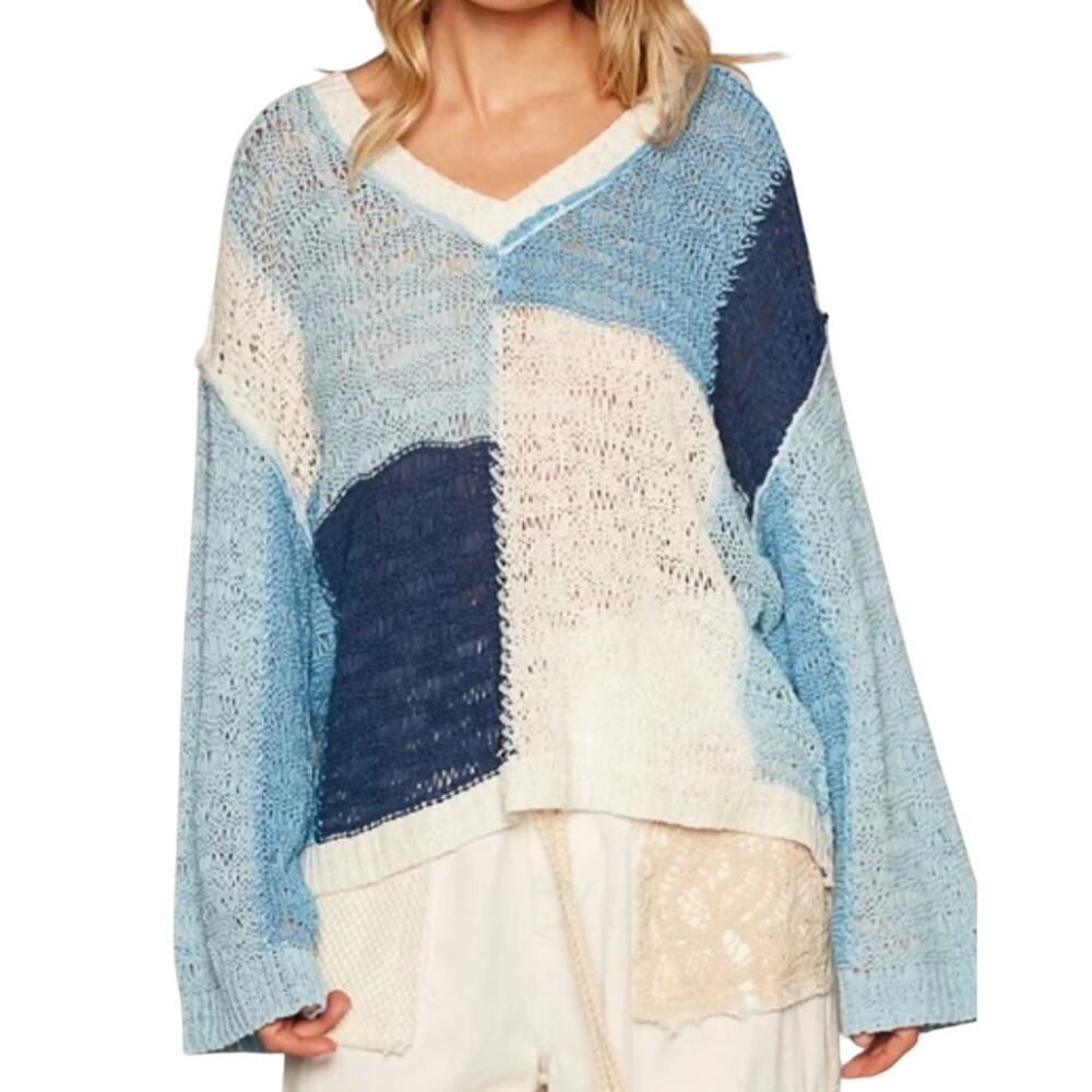 POL Blue Patchwork Open Knit Sweater Size Small Boho Lightweight Pullover